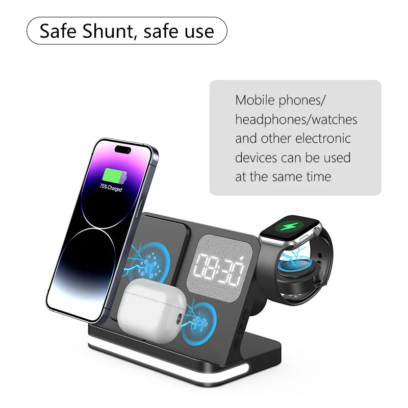 Clock, desktop, mobile phone, headphones, watch, wireless charger, both entertainment and charging not wrong