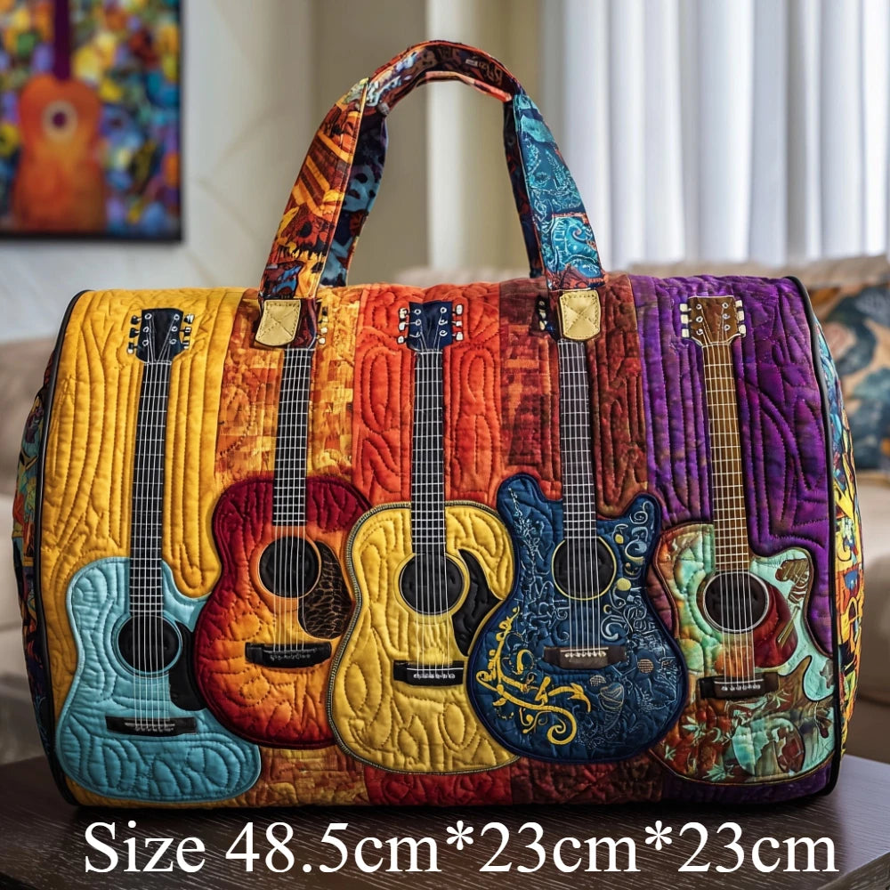 3D Printed Quilted Music Tote Bag Guitar Piano Floral Rose Design Travel Duffle Bag Carry on Luggage Unique Weekender Bag