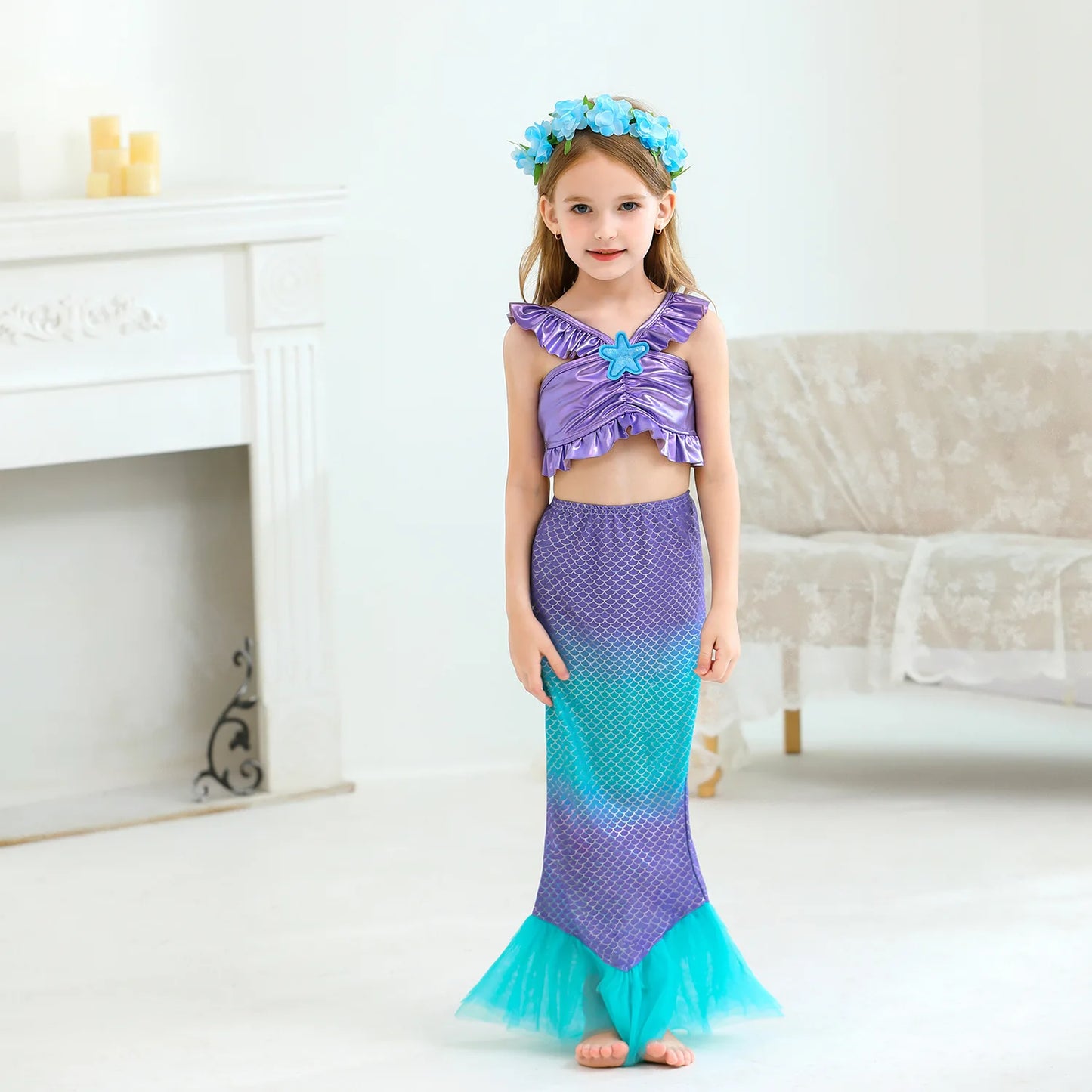 Mermaid Princess Dress Cosplay Party Costume Mid Calf Gown