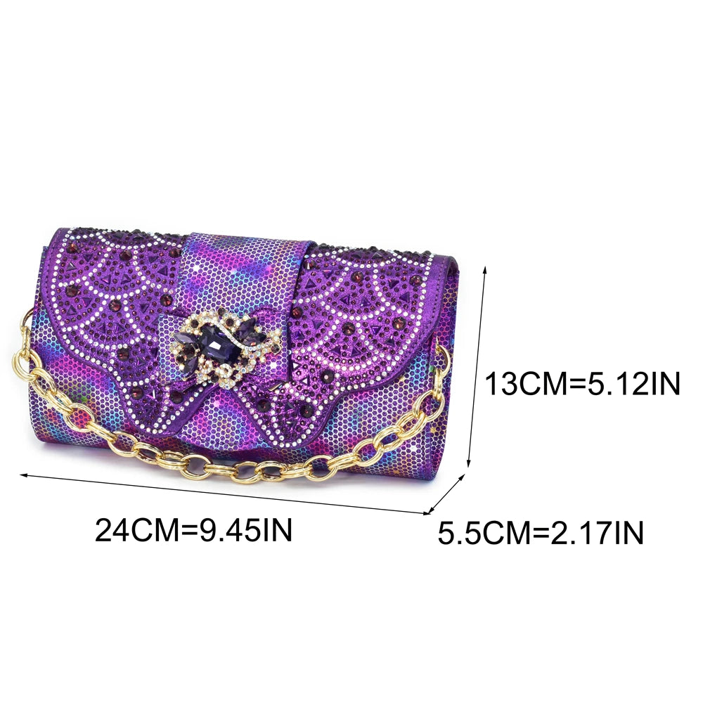 Pattern Popularity Newest Sandals Ladies Shoes and Bag Set Full Diamond Fashion Design Purple Color Pumps for Wedding Party