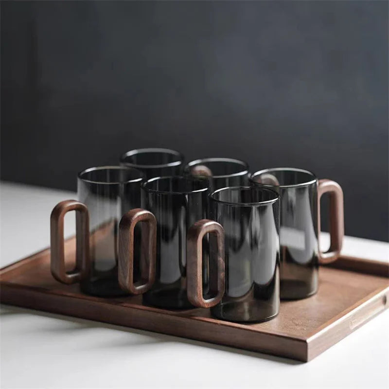 350ml High Borosilicate Glass Coffee Cup with Walnut Wooden Handle Heat-Resistant Glass Home Tea Milk Coffee Mug Breakfast Cups
