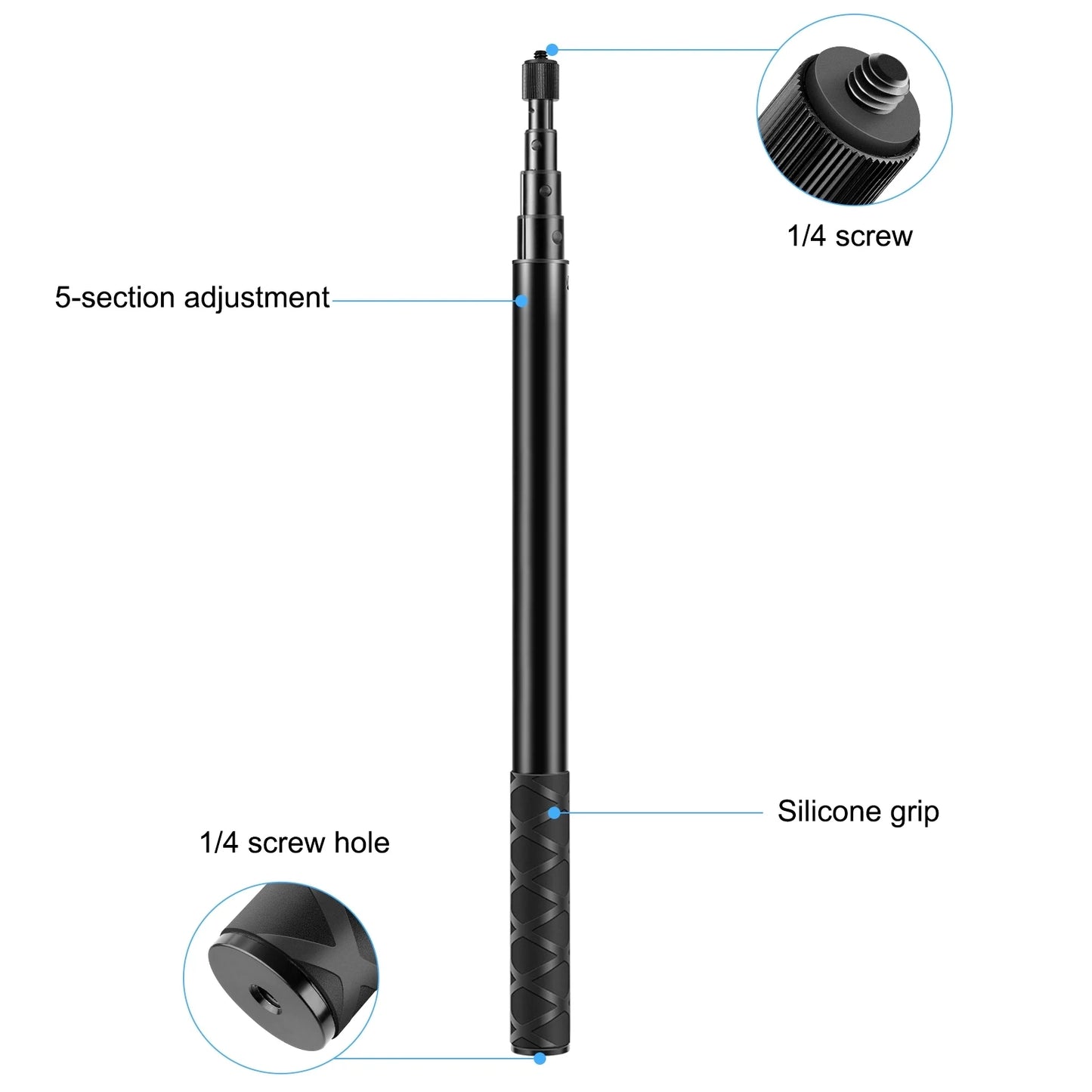 150cm 110cm 70cm Metal Selfie Stick Monopod with Invisible Adapter Base & Screw for Insta360 One RS / X2 / X3