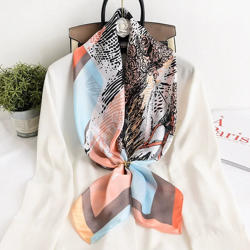 Women Scarf Silk Feeling Hair Neck Square Brand Office bandanna muffler Waiter Flight Attendants Handkerchief Rings wrap