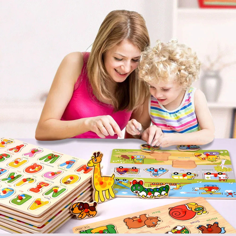 Montessori Wooden Puzzles Hand Grab Boards Toys Tangram Jigsaw  Educational Toys Cartoon Vehicle Animals Fruits 3D Puzzles