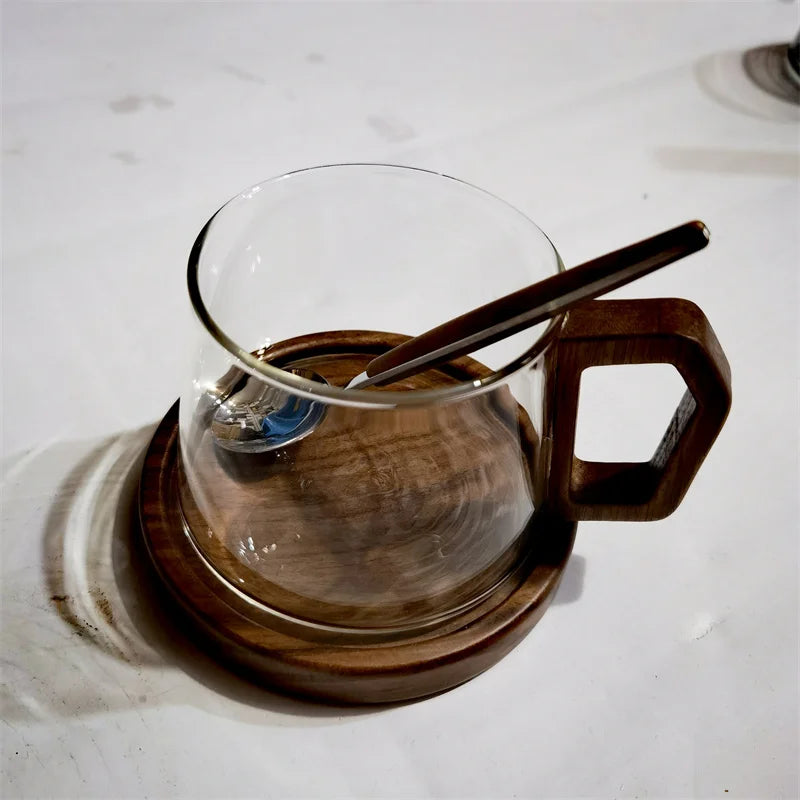320ml American Latte Heat-resistant Glass Coffee Mug With Wooden Tray Spoon Milk Tea Cup Fresh Ground Cup Barista Cafe Access