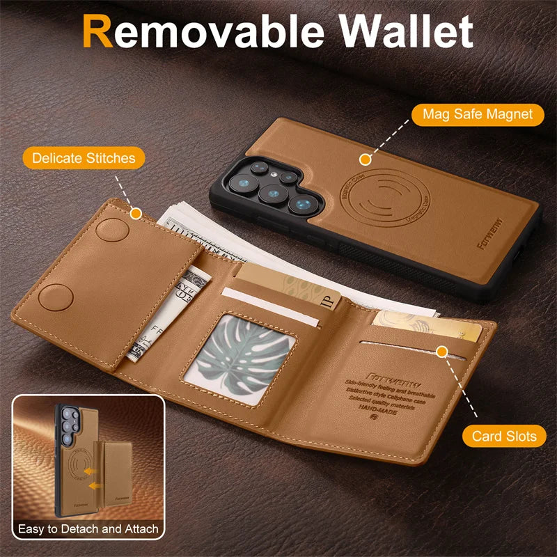 Luxury 2-in-1 Magnetic MagSafe Wallet Case for Samsung Galaxy S26 / S25 / S24 / S22 Plus / Note 20 Ultra – PU Leather Card Holder Kickstand Cover
