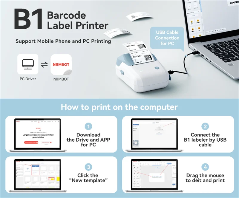 B1 Thermal Label Printer, Bluetooth Portable Sticker Maker 20–50mm, Inkless Barcode Price Tag Label Machine for Business & Food