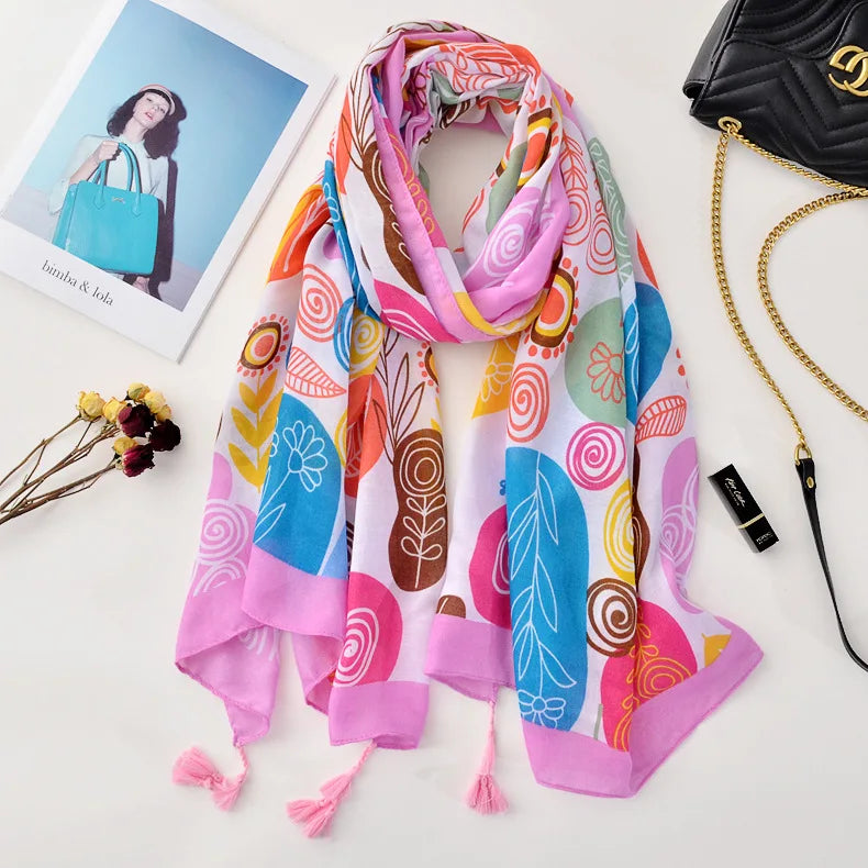 Beige Coffee Scarf Luxury Thin Women Scarves Spring Floral Hijab Veils Soft Cotton Shawl Wrap Tassel Viscose Muslim Woman Hijab