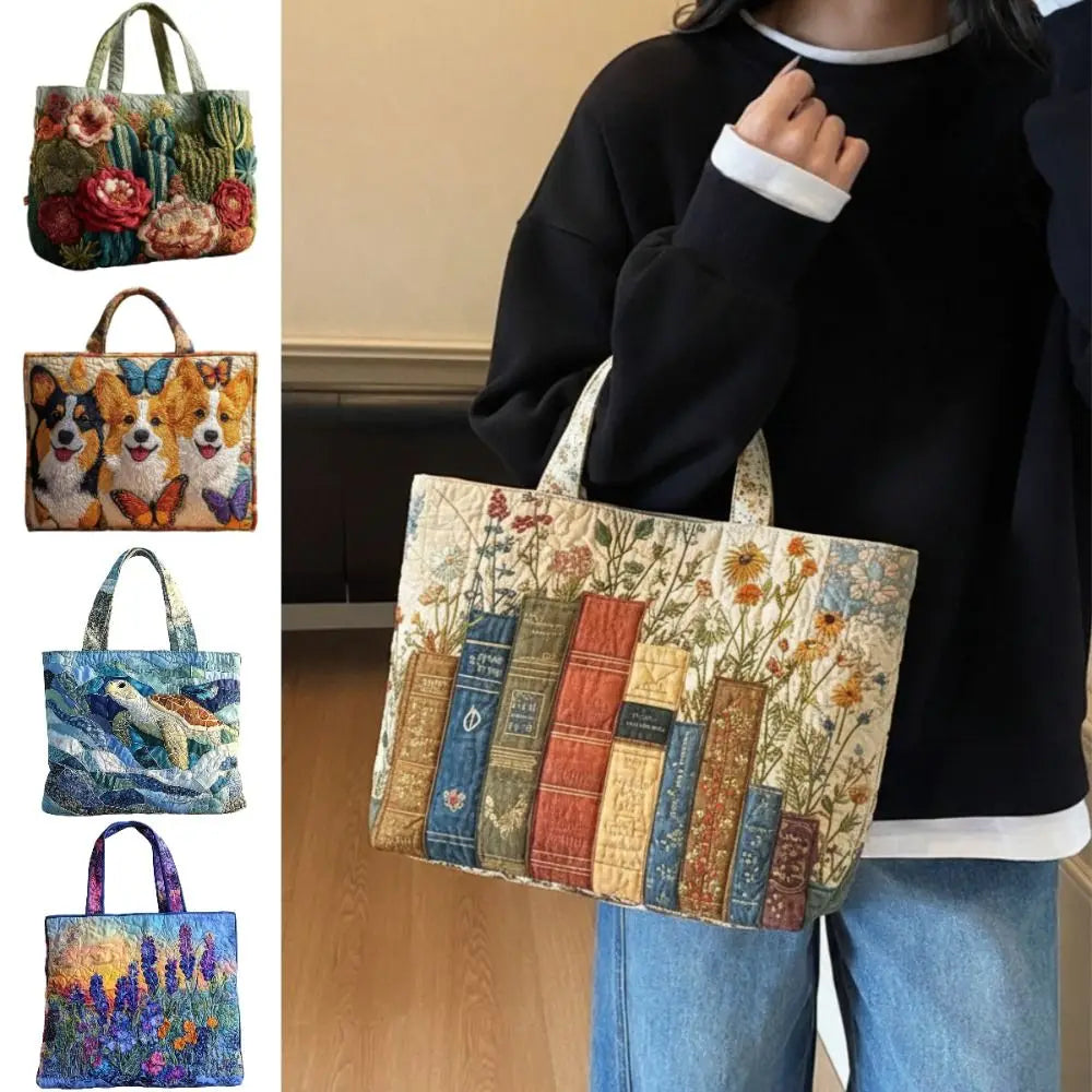 Vintage Quilted Canvas Tote Bag Large Capacity 3D Printed Shoulder Handbag