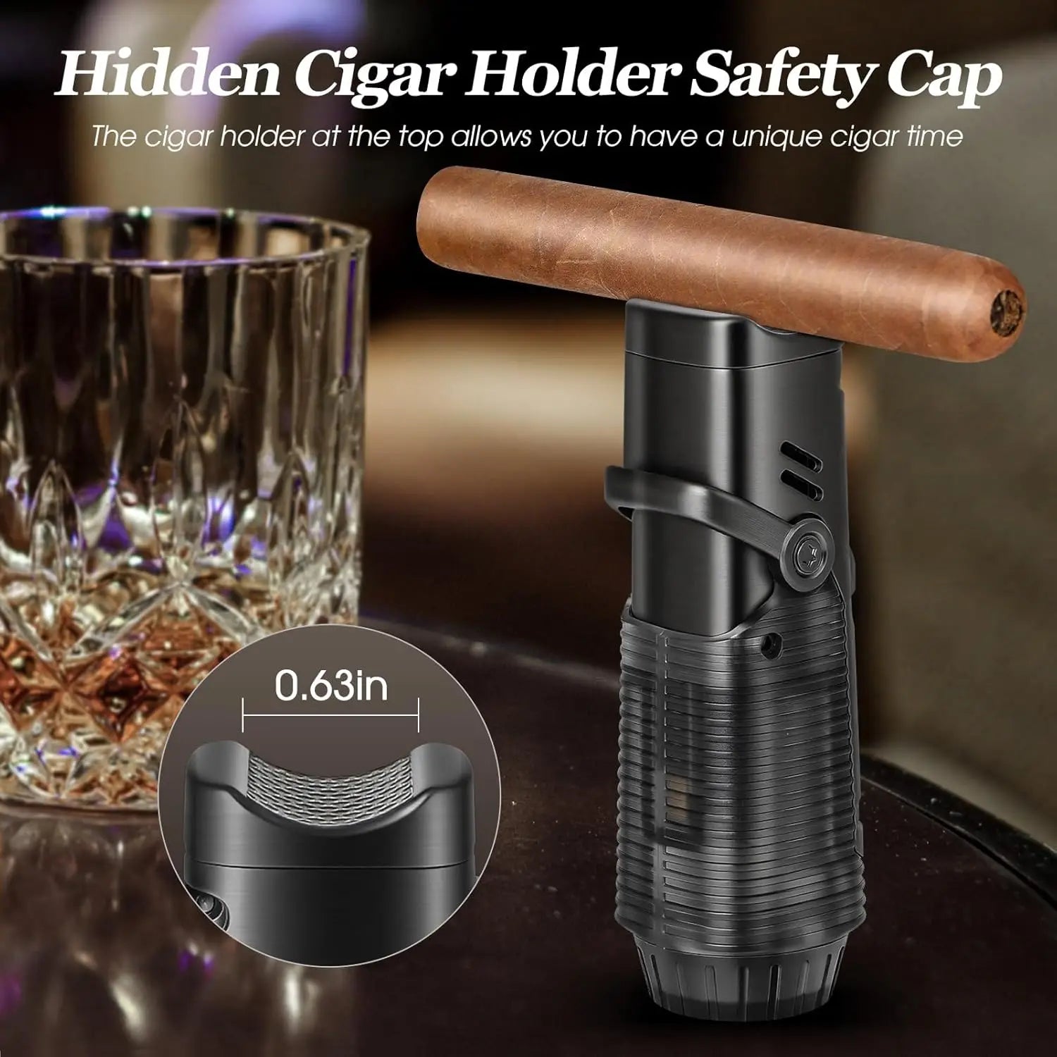 Cigar Lighter, Windproof Refillable Butane Lighter, Multifunction Cigar Accessories with Holder, Cigar Draw Enhancer and Punch