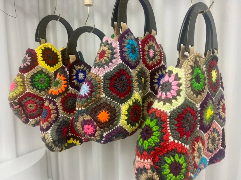 Bohemian Granny Square Crochet Tote Bag Handmade Knitted Shopper Handbag