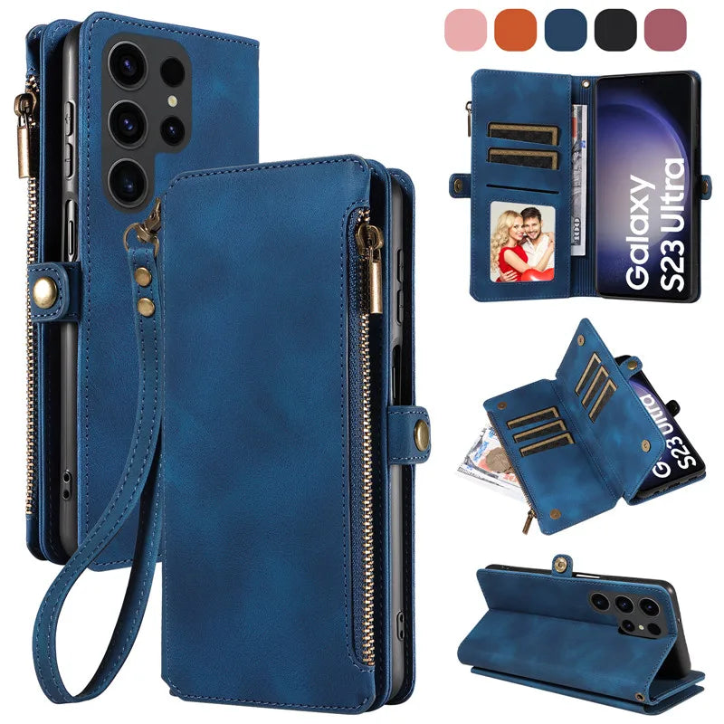 Luxury Leather Flip Wallet Case with Lanyard for Samsung Galaxy S26 / S25 / S24 / S23 Ultra & Plus – Magnetic Full Coverage Phone Bag Cover