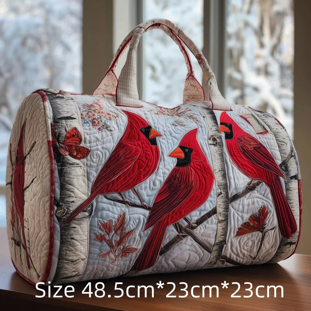 Trending Vintage 3D Quilted Travel Bag Cardinal Bird Floral Printed  Durable Weekend Gym Trip Beach Bag Carry on Tote for Women