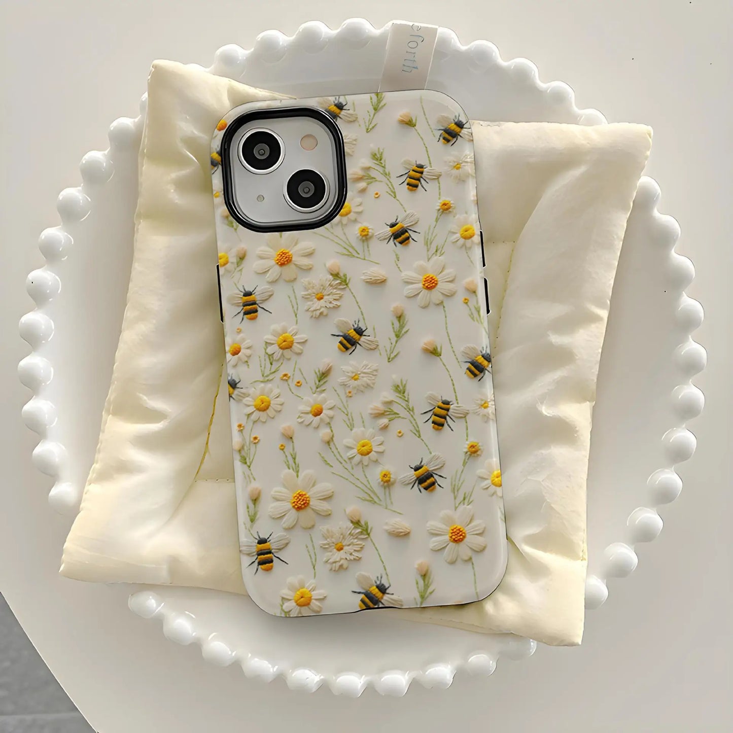 Luxury Embroidery Effect Bee Daisy Flower Phone Case for iPhone 16 15 Pro Max Plus 2 in 1 Hard Protective Cover