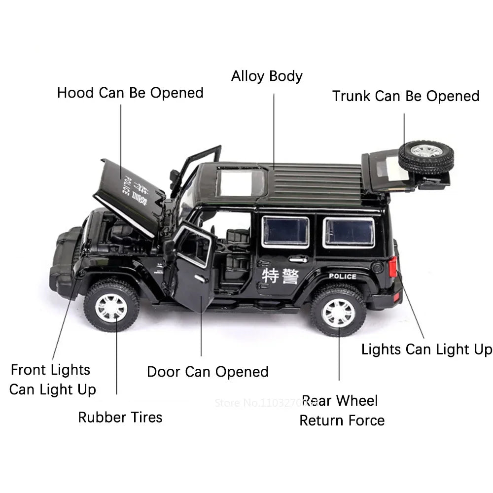 1:32 Wrangler Rubicon Diecast Off-road Vehicle Alloy Model Toys Car Doors Opened with Sound Light Pull Back Police Cars  Gift