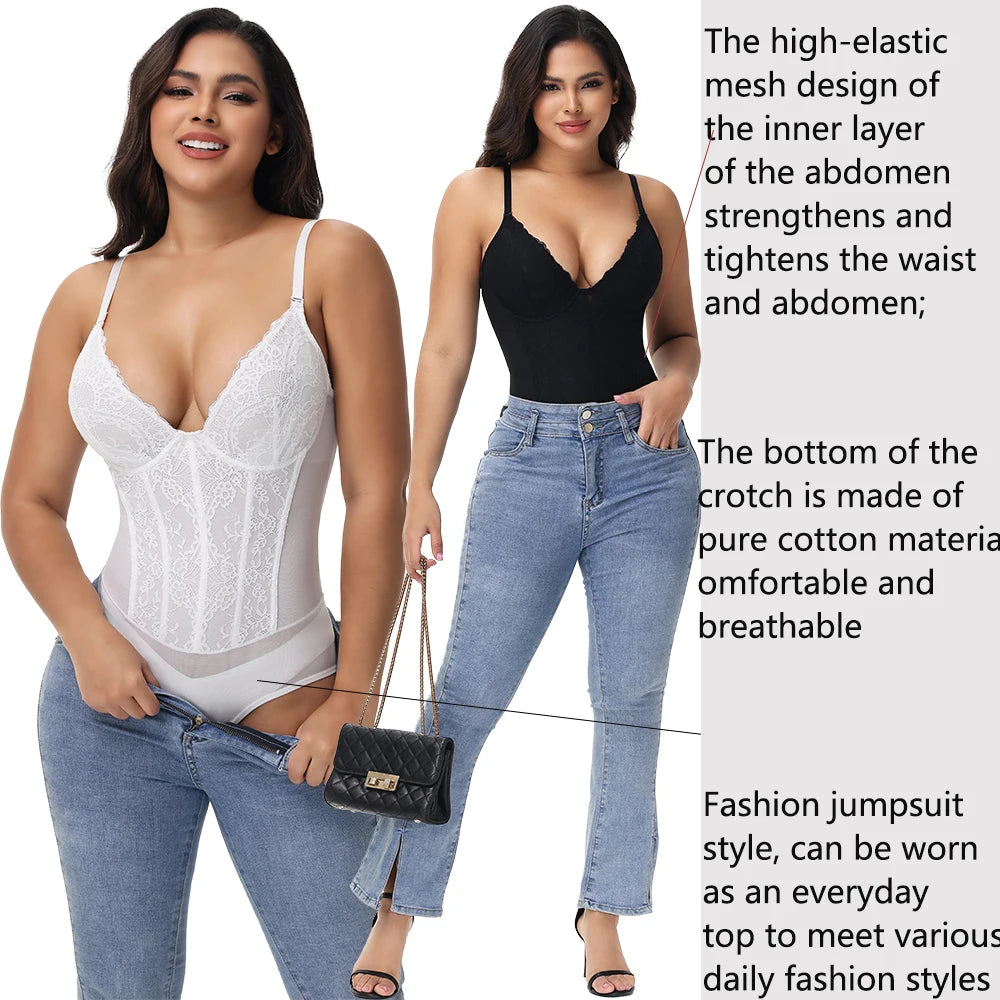 Lace Bodysuit for Women – V-Neck Backless Tummy Control Shapewear