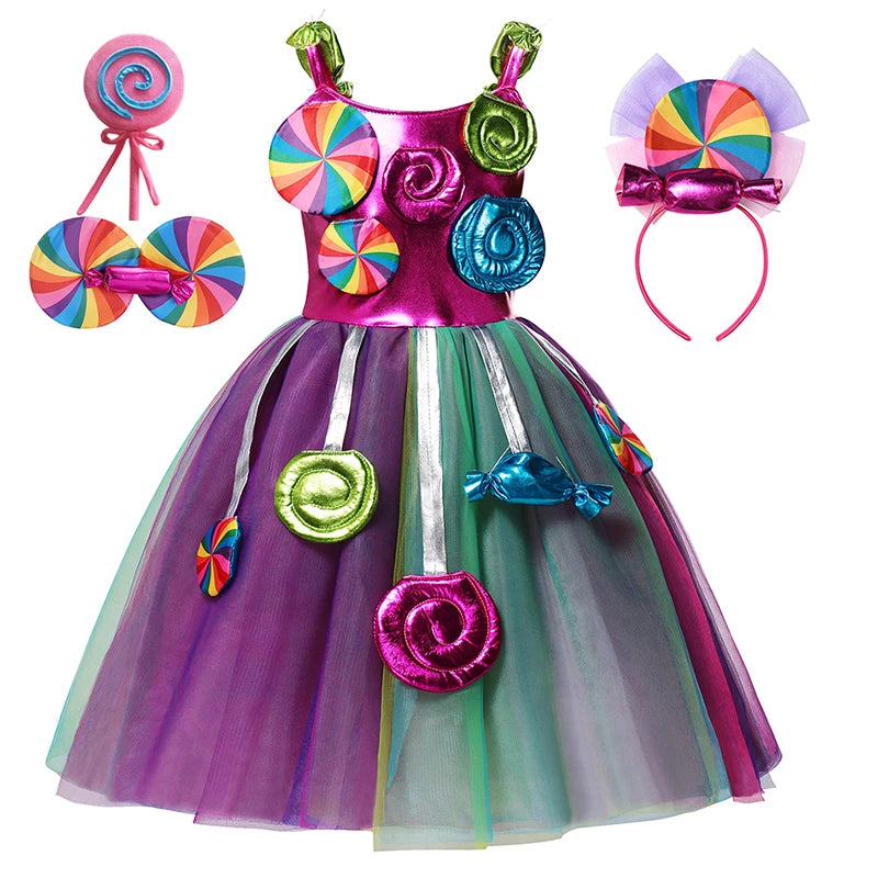 Purim Festival Lollipop Costume Girls Fairy Dress Fancy Carnival Birthday Fantasy Children Candy Rainbow Vestido Dress for Girls