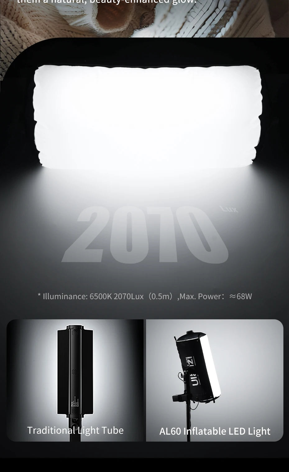 Inflatable Foldable Air Tube Light LED Light Fill Light 2700-6500K 2070Lux/0.5m with Remote control for Photography