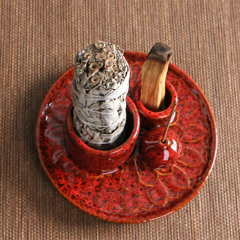 Ceramic Palo Santo Sticks Holder 4 in 1 Incense Burner Sage Holder Incense Holder Ash Catcher Tray for Meditation Yoga Room