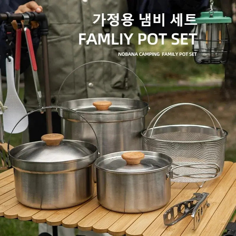 A Style Outdoor Stainless Steel 5pcs Camping Tourism Family 5L Portable Picnic Soup Frying Steaming Household