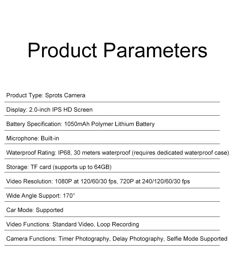 1080P Waterproof Action Camera with 2 Inch IPS Screen 170 Degree Wide Angle Helmet Sports Camera