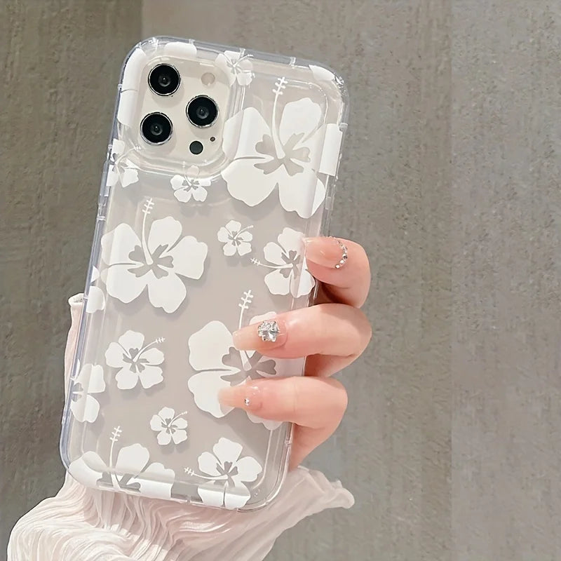 White Flower Clear Phone Case For iPhone 17 16 14 15 Pro Max 16E Air Airbag Shockproof Phone Cover