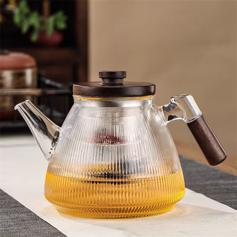 Stripe High Borosilicate Glass Teapot  With Walnut Handle Cooking and Steaming Dual Purpose Glass Tea Pot Tea Kettle Teaware