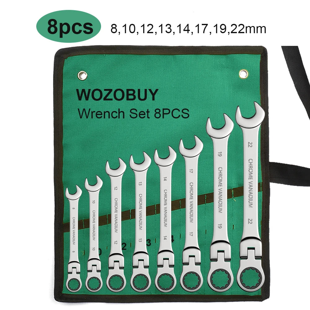 Metric Ratchet Spanner Wrench Set 8–22mm Flex Head 72-Tooth Gear Ring Combination Wrench Kit with Canvas Storage Bag