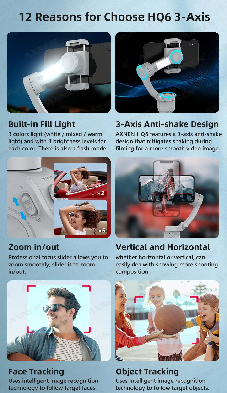 HQ6 3-Axis Gimbal Handheld Stabilizer for Cellphone, with Fill Light, Face Tracking, for iPhone Android Video Recording