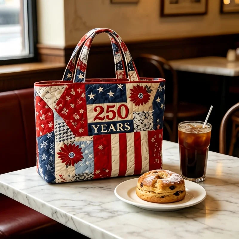 Patriotic Quilted Tote Bag 250 Years American Flag Patchwork Shoulder Handbag