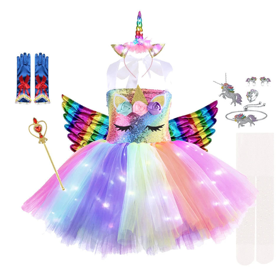 Girl Unicorn Dresses for Girls Tutu Princess Party Dresses with LED Lights Flower Birthday Party Cosplay Costume Girls Clothing