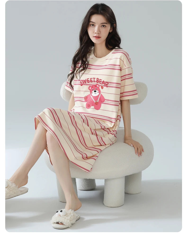 Women’s Cotton Nightgown – Korean Style Cute Print, Summer Short Sleeve Sleepwear Dress