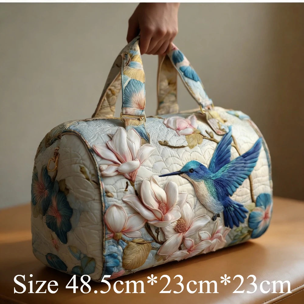 Luxury 3D Quilted Travel Tote Bag for Women Magnolia Bird Print Handbag Lightweight Weekender Bag Duffle Carry-On for Work Trip