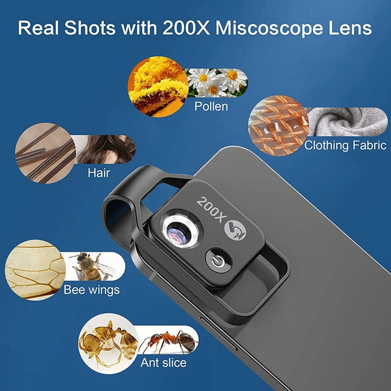 200X Smartphone Microscope Lens with LED Light Universal Clip