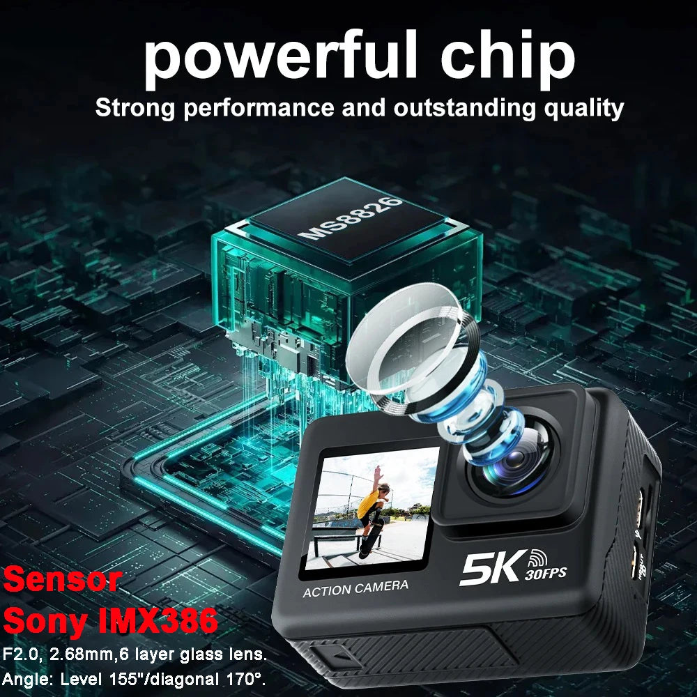 5K Ultra HD Action Camera with Dual Touch Screen WiFi EIS and 30M Waterproof Case