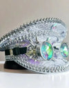 Silver Steampunk Captain Hat Rivet Rhinestone Goggles Masquerade Military Cap Women Sequin Music Festival Handmade Unisex Adult