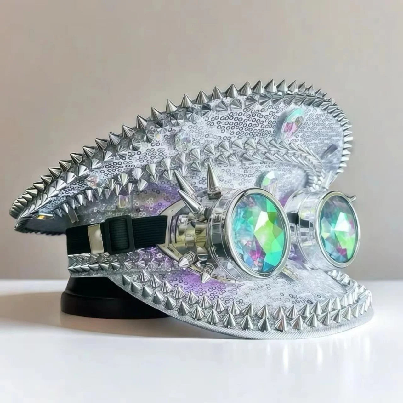 Silver Steampunk Captain Hat Rivet Rhinestone Goggles Masquerade Military Cap Women Sequin Music Festival Handmade Unisex Adult