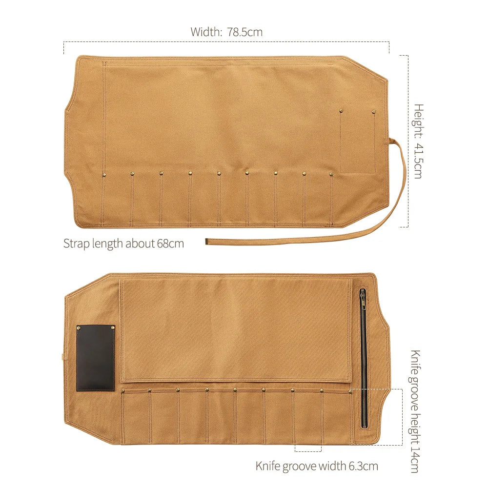 Portable Knife Roll Bag Thickened Canvas 8 Knife Slots+1 Scissor Slots +1 Zipper pouch Cooking Tool(just a bag, no knife)