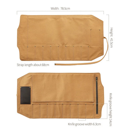 Portable Knife Roll Bag Thickened Canvas 8 Knife Slots+1 Scissor Slots +1 Zipper pouch Cooking Tool(just a bag, no knife)