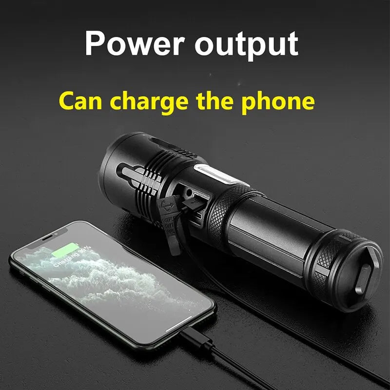 XHP120 LED Flashlight Rechargeable Zoom Tactical Torch with COB Side Light Power Bank Function