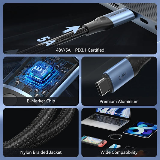 240W USB C to Type C Cable PD3.1 Fast Charging USB C to C Data Cable for MacBook iPhone 16 15 Samung Fast Charging Wire