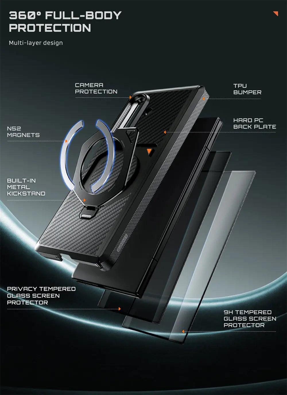 Full Body Rugged Phone Case with Magnetic Rotating Stand and Two Screen Protectors for Samsung Galaxy Z Fold 7 and Z Fold 8 Ultra