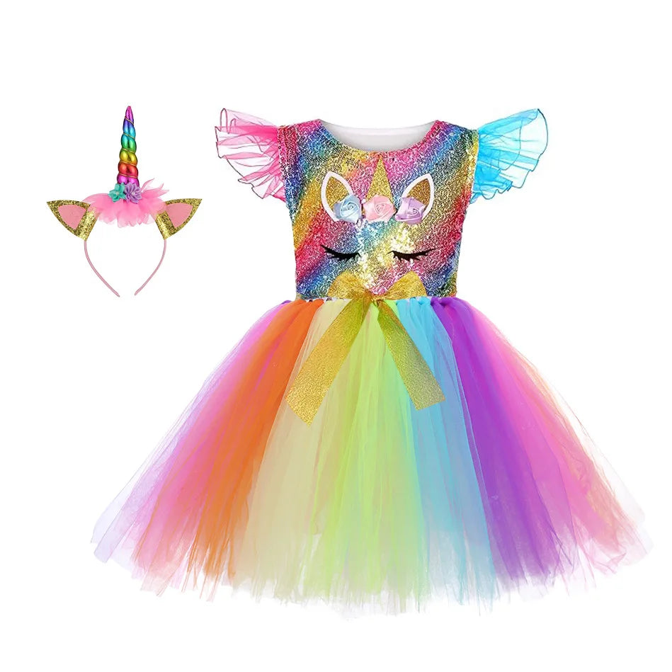 Unicorn Princess Tutu Dress with Flutter Sleeves and Sequin Tulle