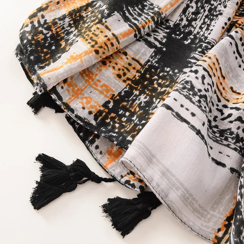 Beige Coffee Scarf Luxury Thin Women Scarves Spring Floral Hijab Veils Soft Cotton Shawl Wrap Tassel Viscose Muslim Woman Hijab