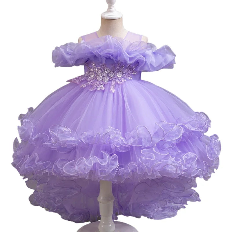 Luxury Off-Shoulder Girls' Dress - Convertible Tulle Ball Gown for Birthday Parties & On-Stage Events