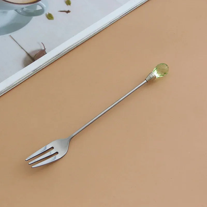 Stainless Steel Diamond Coffee Spoon and Fork Set Creative Crystal Long Handle, Perfect for Desserts, Ice Cream, Cake, and Fruit