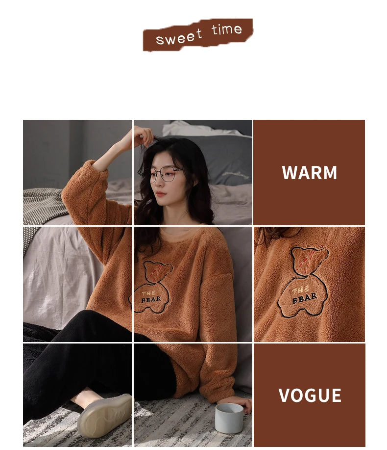 Women’s Winter Flannel Pajama Set – Warm, Thick Coral Fleece 2-Piece Loungewear