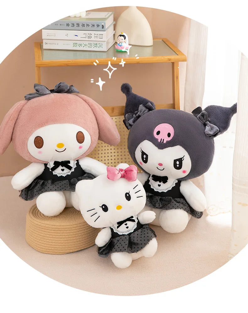 Kawaii Kuromi My Melody Plush Toy with Black Bow Skirt Cute Hello Kitty Stuffed Doll for Kids Birthday Xmas Gift Large Size Toy