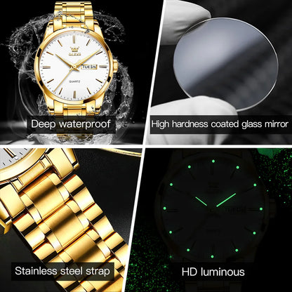 Classic Watches Gold Stainless steel Luminous Waterproof Dual Calendar Hand Clock Man Watch