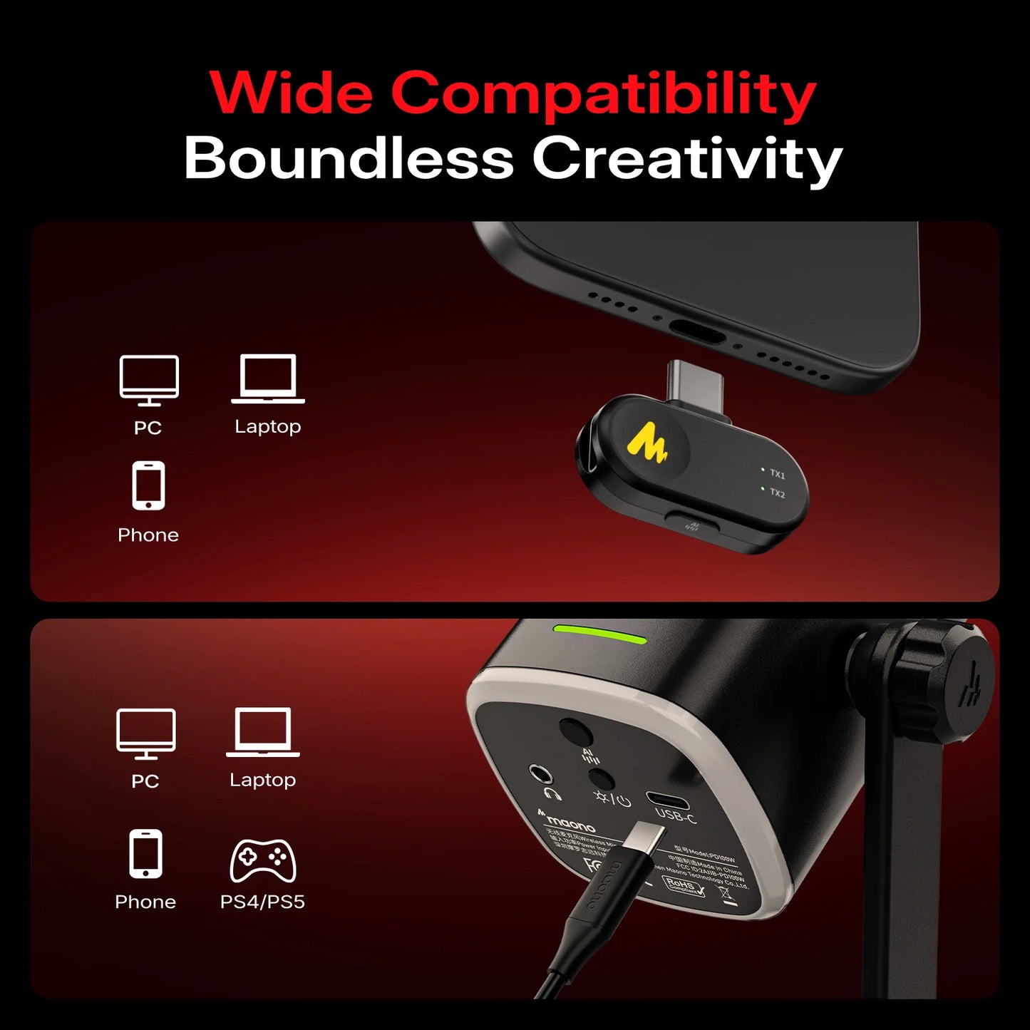 Wireless Dynamic Gaming Microphone with RGB Lighting and Noise Reduction